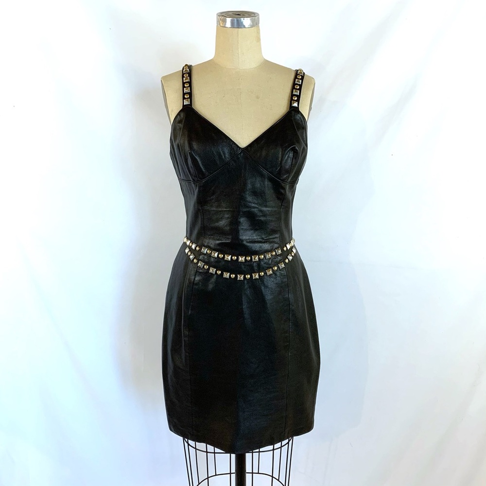Vintage 80s Leather Dress Studded Made in Italy SM